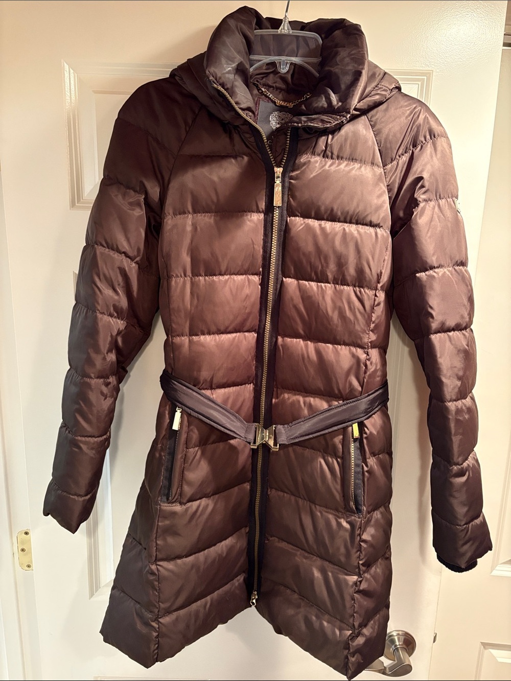 Vince Camuto Brown Quilted Hooded Long Puffer Coat M NWOT
